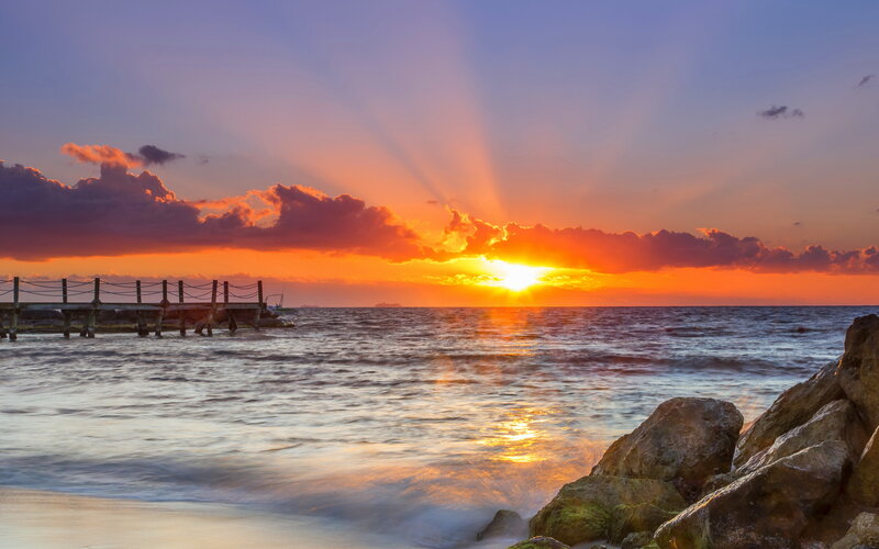 Sunset over Ocean — Orange, Dramatic, Photograph, Pier