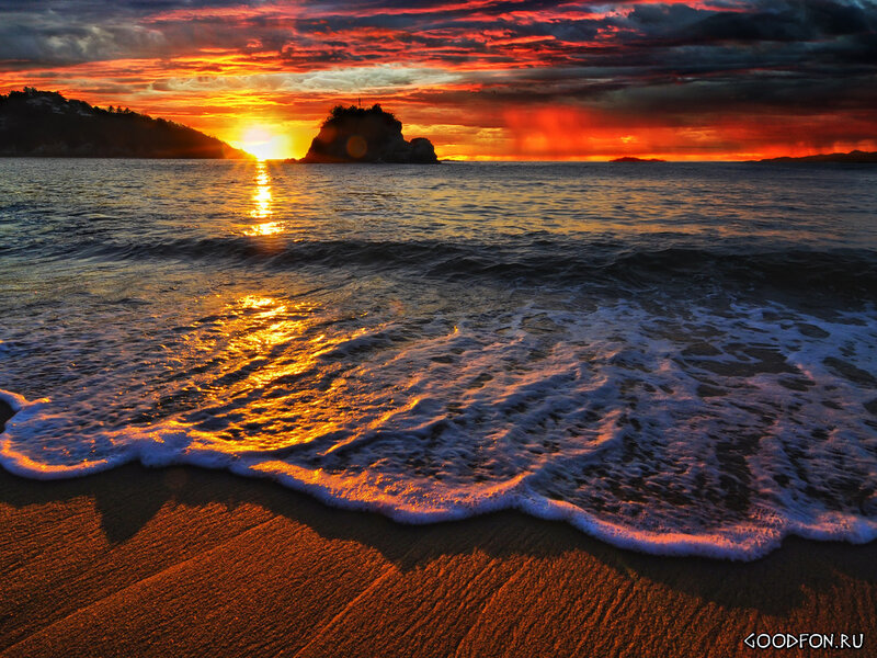 Sunset over Ocean — Orange, Dramatic, Photograph, Rock Formation