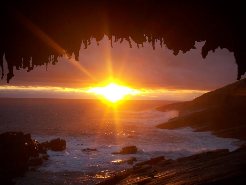 Sunset over Ocean — Orange, Dramatic, Photograph, Rocks, Cave