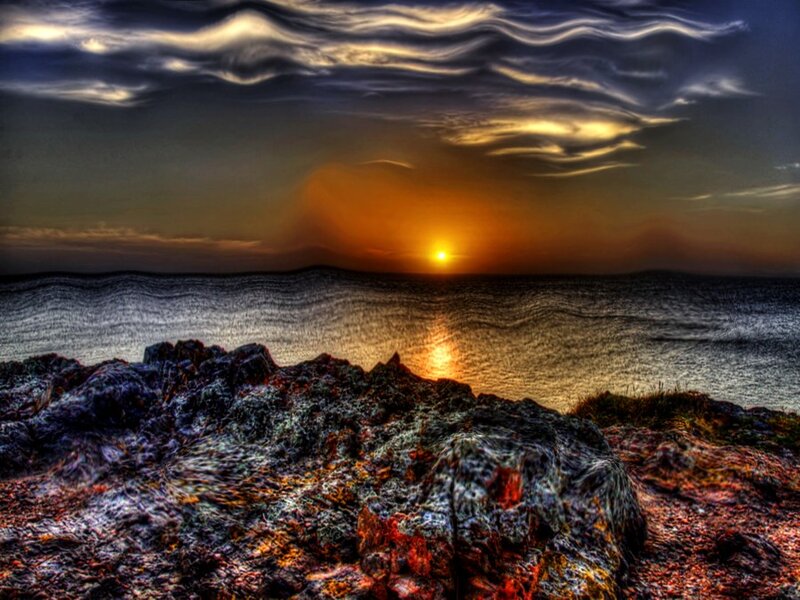 Sunset over Ocean — Orange, Dramatic, Photograph, Rocks, Clouds