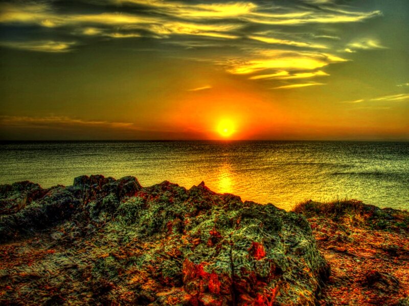 Sunset over Ocean — Orange, Dramatic, Photograph, Rocks, Sky, Sea