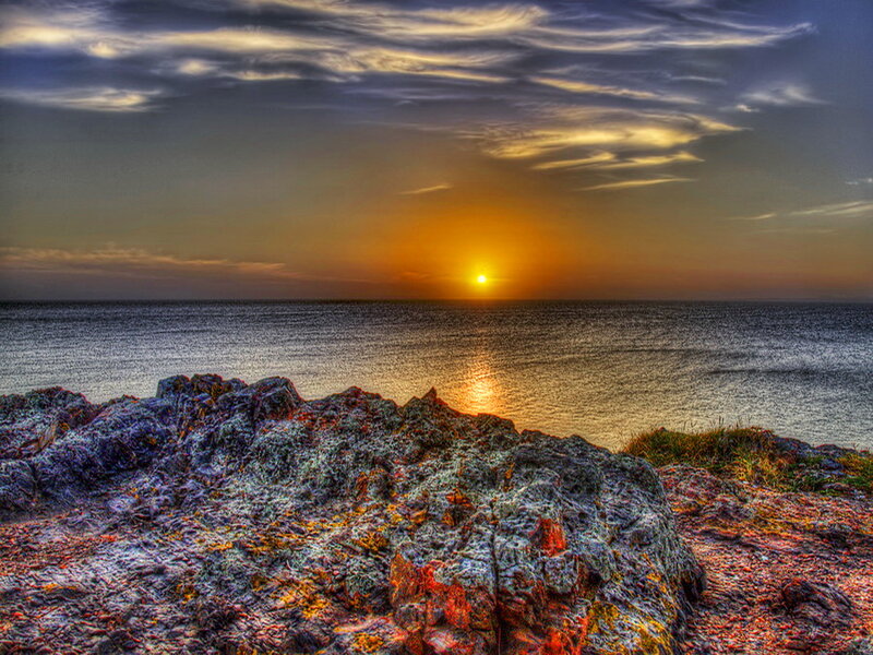 Sunset over Ocean — Orange, Dramatic, Photograph, Rocks, Sky