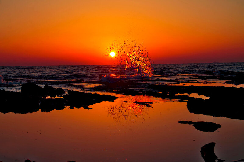 Sunset over Ocean — Orange, Dramatic, Photograph, Rocks, Splash
