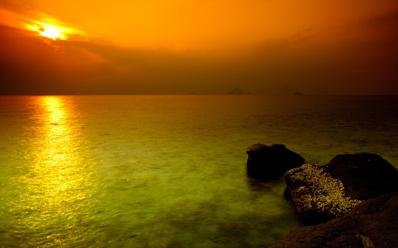 Sunset over Ocean — Orange, Dramatic, Photograph, Rocks, Sun