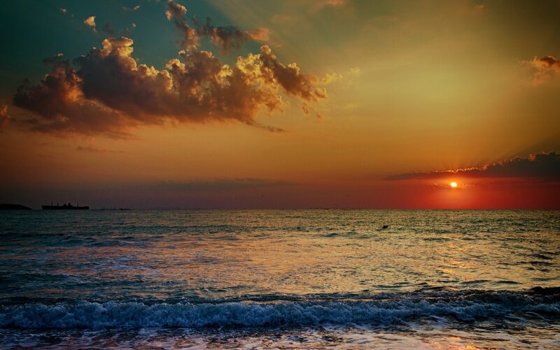 Sunset over Ocean — Orange, Dramatic, Photograph, Ship, Clouds