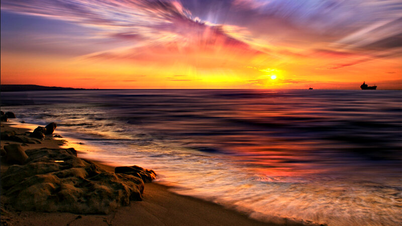 Sunset over Ocean — Orange, Dramatic, Photograph, Ship