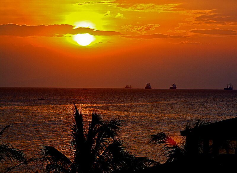 Sunset over Ocean — Orange, Dramatic, Photograph, Ships