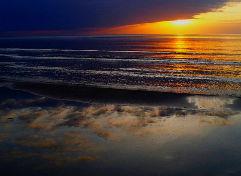 Sunset over Ocean — Orange, Dramatic, Photograph, Sky, Beach, Blue