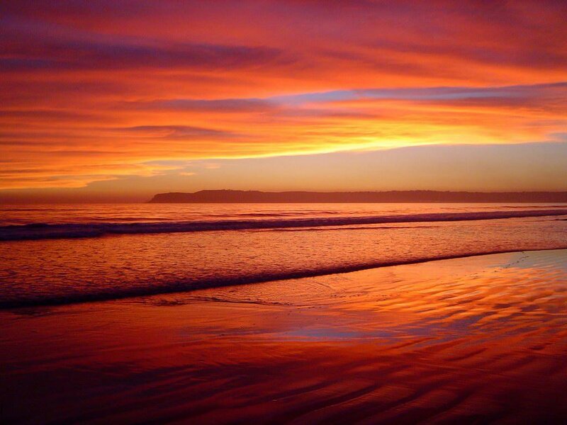Sunset over Ocean — Orange, Dramatic, Photograph, Sky, Beach, Red