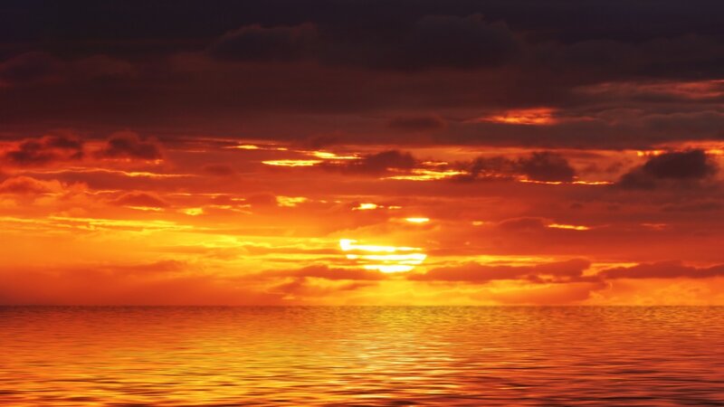 Sunset over Ocean — Orange, Dramatic, Photograph, Sky, Clouds, Sea
