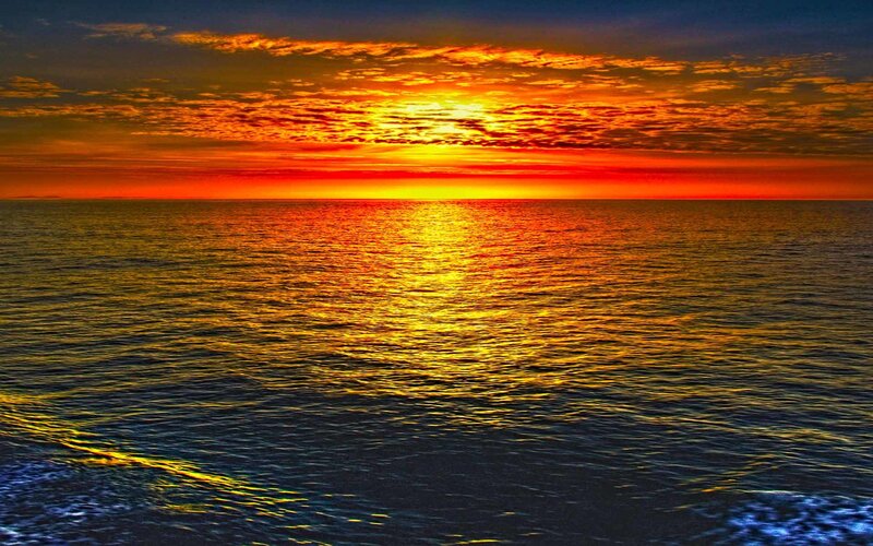 Sunset over Ocean — Orange, Dramatic, Photograph, Sky, Clouds, Sea, Yellow