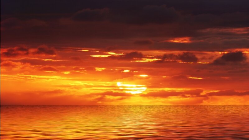 Sunset over Ocean — Orange, Dramatic, Photograph, Sky, Clouds, Water