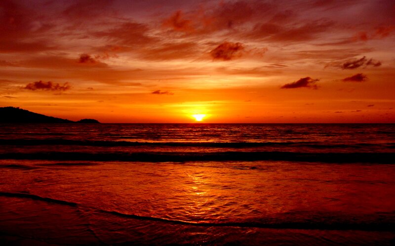 Sunset over Ocean — Orange, Dramatic, Photograph, Sky, Clouds, Waves