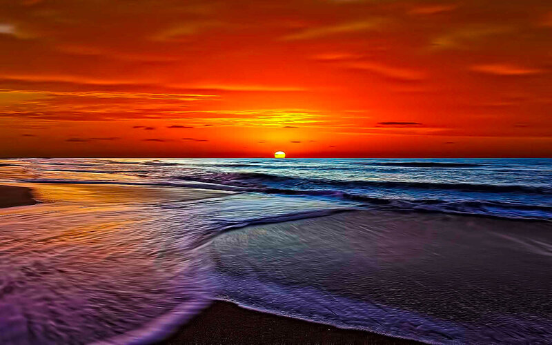 Sunset over Ocean — Orange, Dramatic, Photograph, Sky, Sand