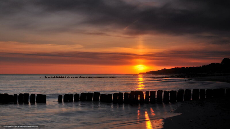 Sunset over Ocean — Orange, Dramatic, Photograph, Sky, Wooden Posts