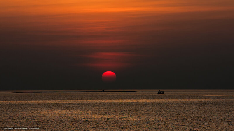 Sunset over Ocean — Orange, Dramatic, Photograph, Sun, Boat, Horizon