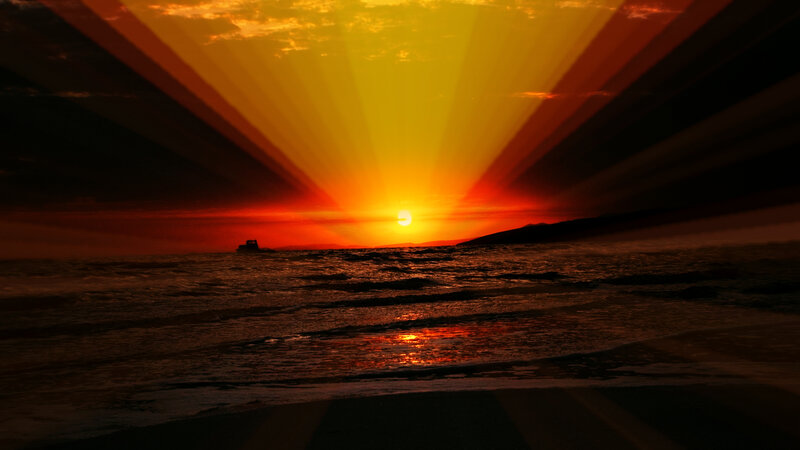 Sunset over Ocean — Orange, Dramatic, Photograph, Sun, Boat, Mountain