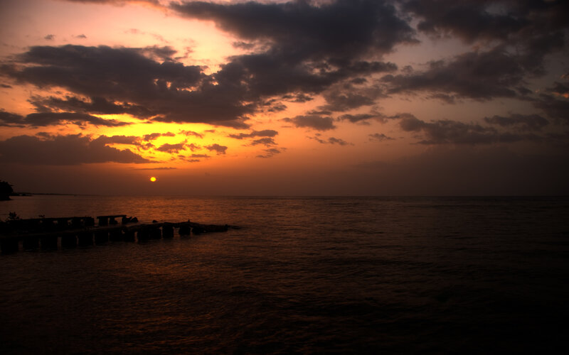 Sunset over Ocean — Orange, Dramatic, Photograph, Sun, Clouds, Pier