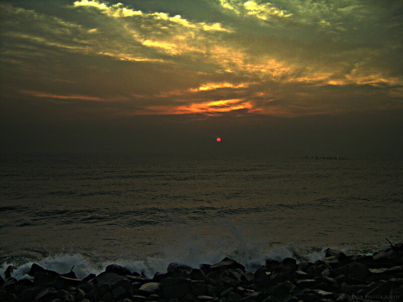 Sunset over Ocean — Orange, Dramatic, Photograph, Sun, Clouds, Rocks