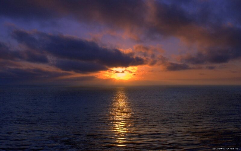 Sunset over Ocean — Orange, Dramatic, Photograph, Sun, Clouds, Sea, Blue, Purple