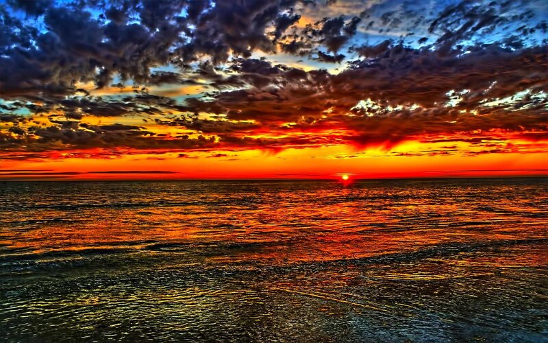 Sunset over Ocean — Orange, Dramatic, Photograph, Sun, Clouds, Sea, Red, Blue
