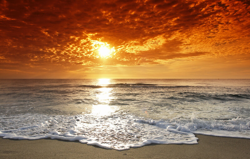 Sunset over Ocean — Orange, Dramatic, Photograph, Sun, Clouds, Waves, Sand