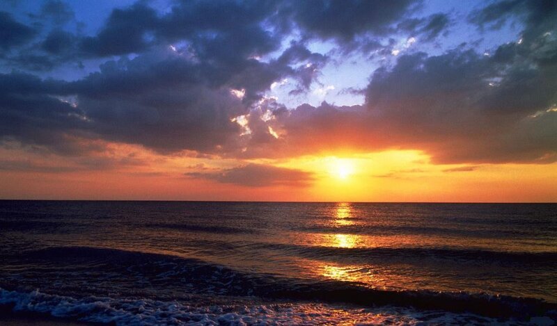 Sunset over Ocean — Orange, Dramatic, Photograph, Sun, Clouds, Waves