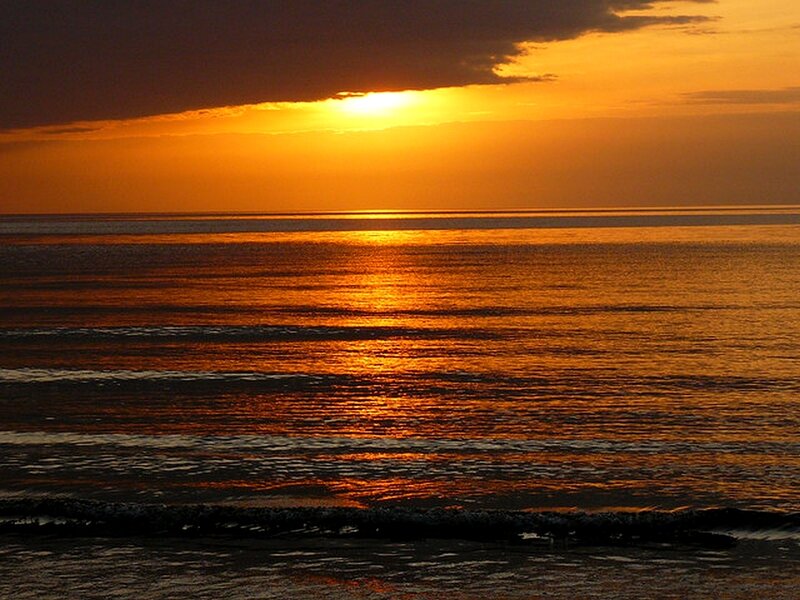 Sunset over Ocean — Orange, Dramatic, Photograph, Sun, Clouds, Waves, Yellow, Black