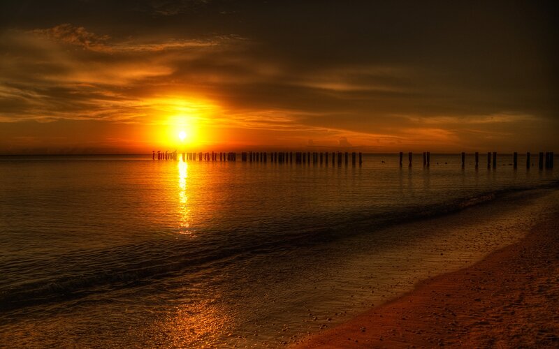 Sunset over Ocean — Orange, Dramatic, Photograph, Sun, Pier, Beach