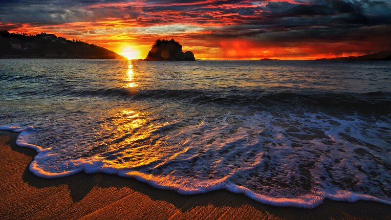 Sunset over Ocean — Orange, Dramatic, Photograph, Sun, Rock