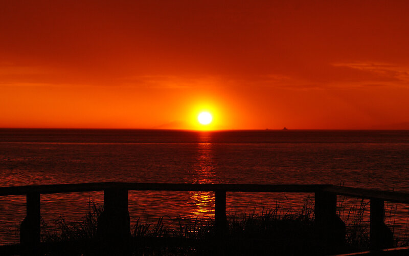 Sunset over Ocean — Orange, Dramatic, Photograph, Sun, Sea, Railing