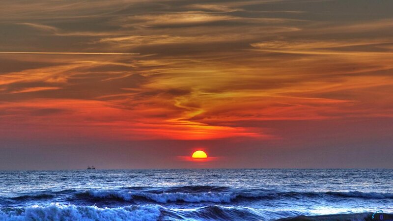 Sunset over Ocean — Orange, Dramatic, Photograph, Sun, Ship