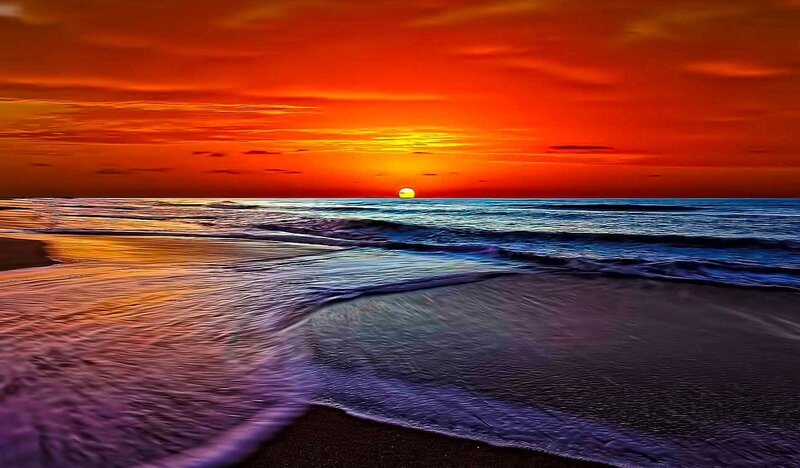 Sunset over Ocean — Orange, Dramatic, Photograph, Sun, Waves, Beach