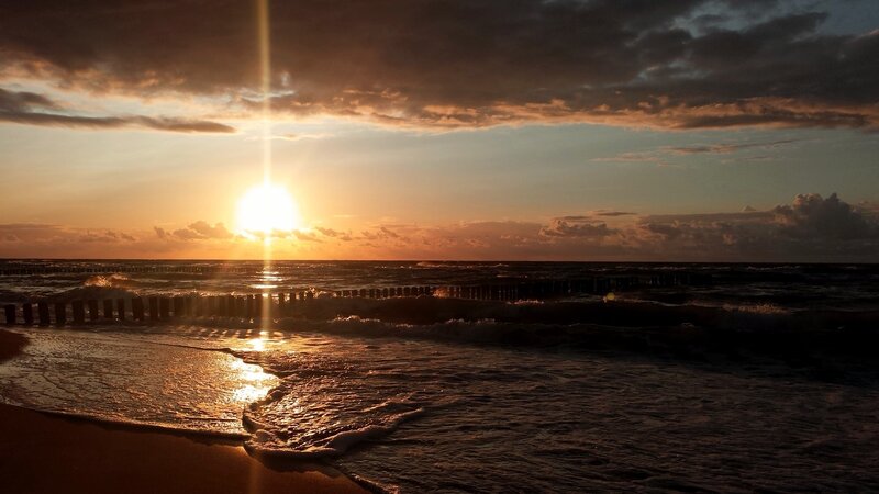 Sunset over Ocean — Orange, Dramatic, Photograph, Sun, Waves, Clouds, Beach