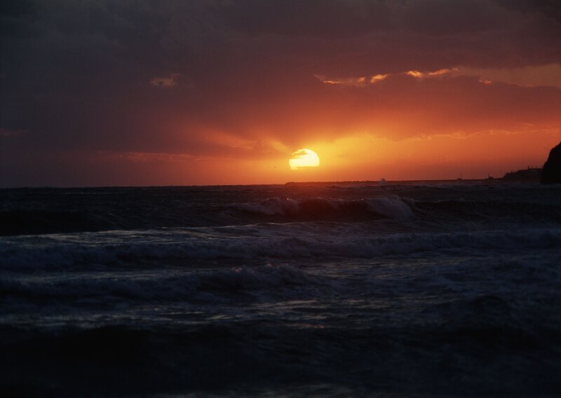 Sunset over Ocean — Orange, Dramatic, Photograph, Sun, Waves, Clouds, Dark Blue