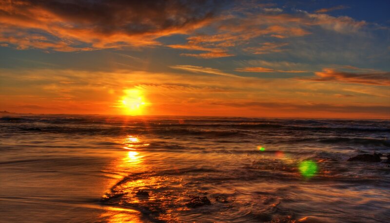 Sunset over Ocean — Orange, Dramatic, Photograph, Sun, Waves, Clouds