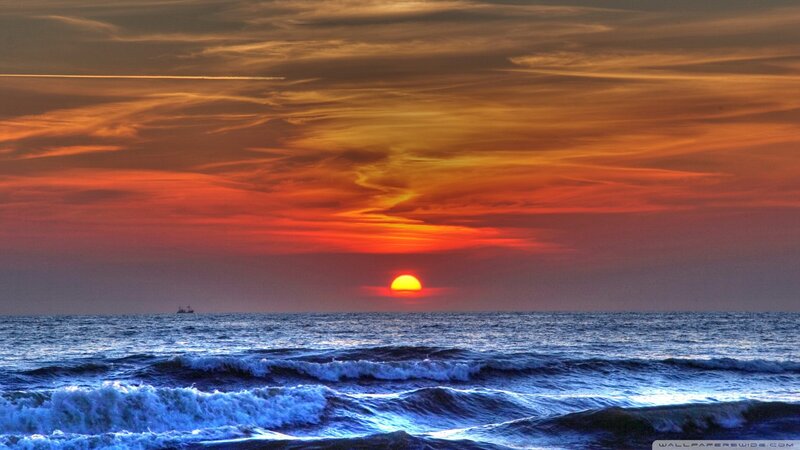 Sunset over Ocean — Orange, Dramatic, Photograph, Sun, Waves, Ship