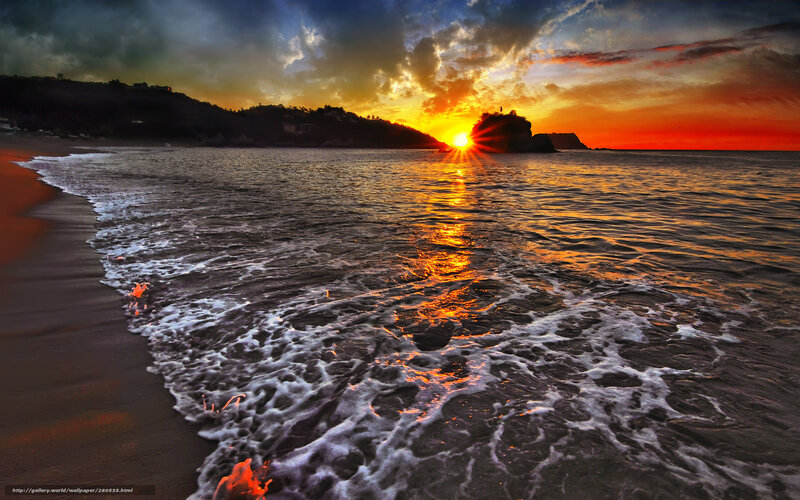 Sunset over Ocean — Orange, Dramatic, Photograph, Waves, Rock Formation