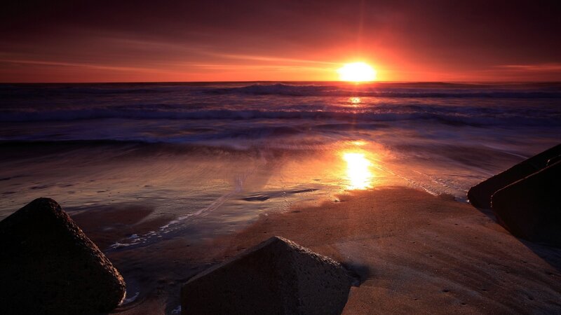 Sunset over Ocean — Orange, Dramatic, Photograph, Waves, Sand