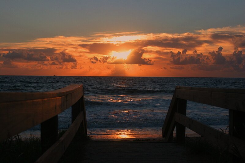 Sunset over Ocean — Orange, Dramatic, Photograph, Wooden Walkway