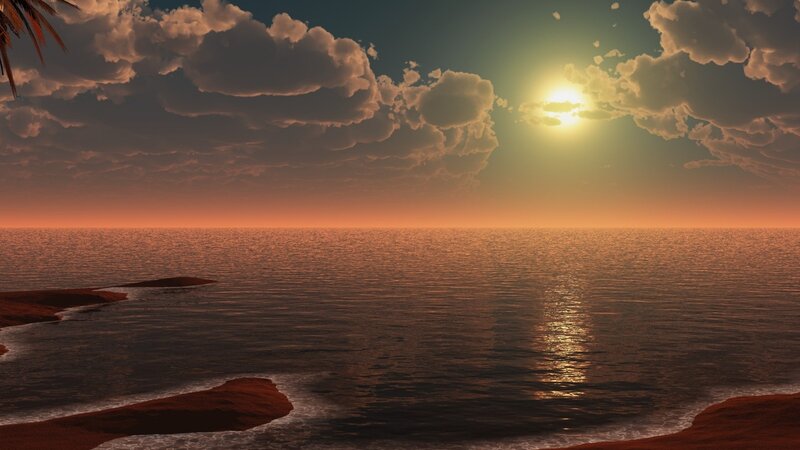 Sunset over Ocean — Orange, Serene, 3d Render, Clouds