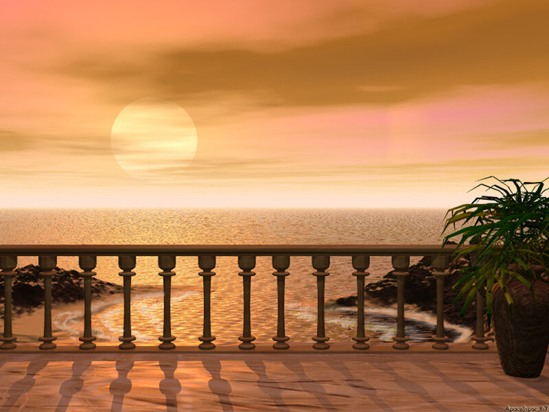 Sunset over Ocean — Orange, Serene, Digital Art, Balcony Railing
