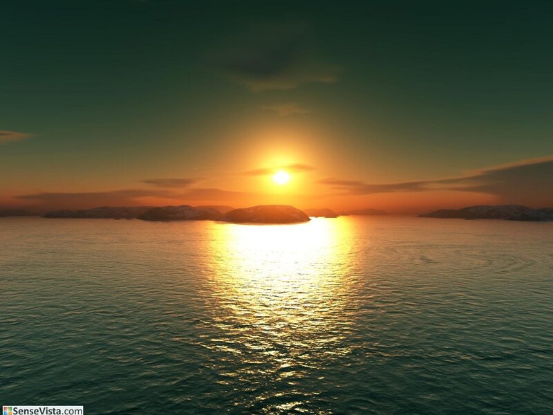 Sunset over Ocean — Orange, Serene, Digital Art, Islands