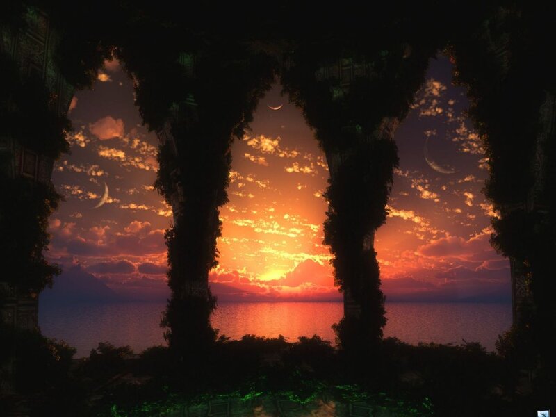 Sunset over Ocean — Orange, Serene, Digital Art, Moon