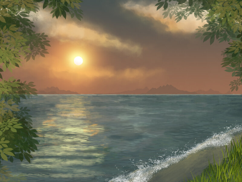 Sunset over Ocean — Orange, Serene, Digital Art, Mountains