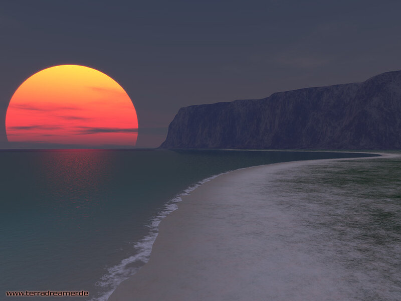 Sunset over Ocean — Orange, Serene, Digital Art, Sun, Cliff