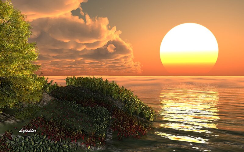 Sunset over Ocean — Orange, Serene, Digital Art, Sun, Clouds
