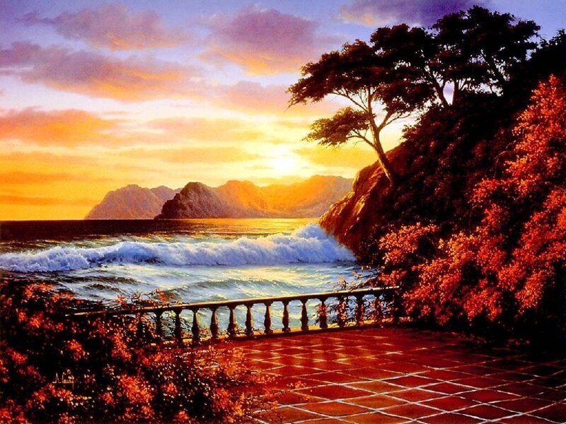 Sunset over Ocean — Orange, Serene, Painting