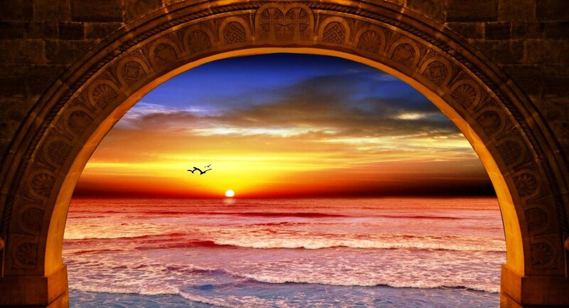Sunset over Ocean — Orange, Serene, Photograph, Arch