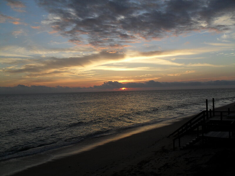 Sunset over Ocean — Orange, Serene, Photograph, Beach, Clouds, Stairs